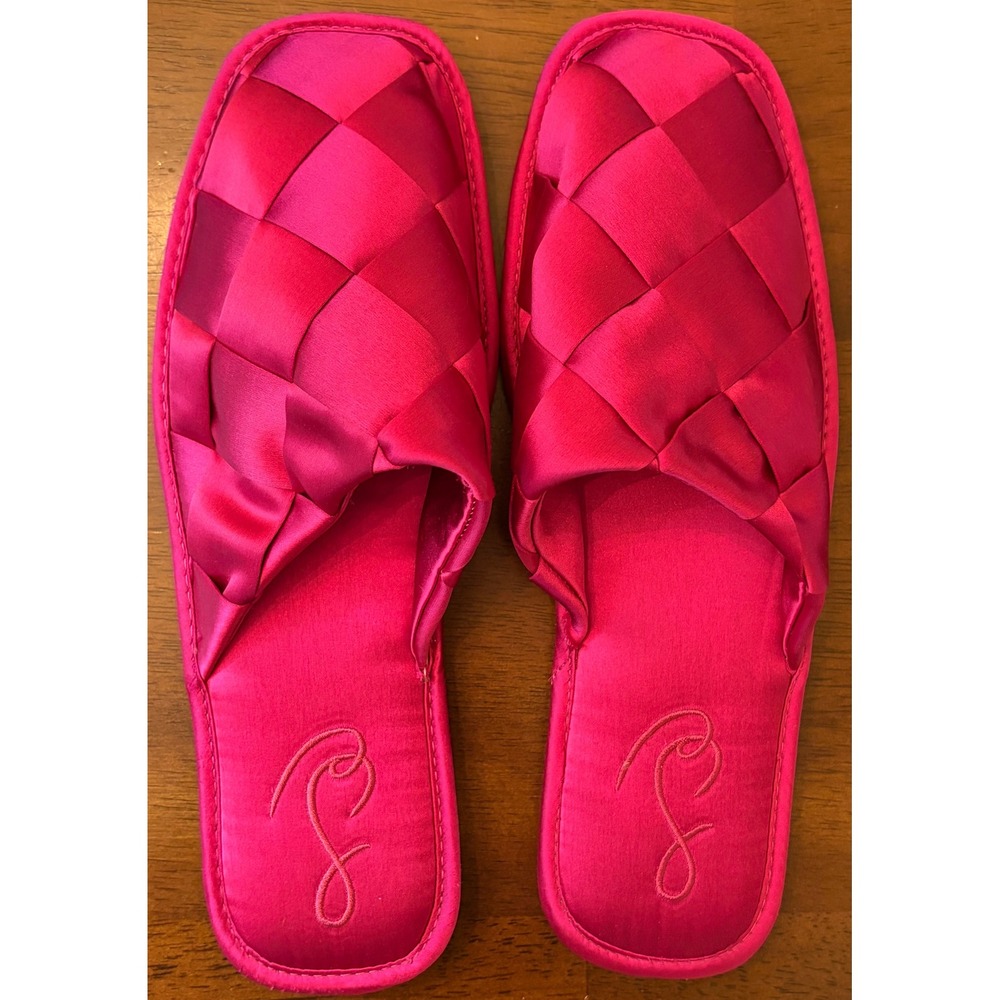 Sam Edelman Pink Satin Woven Slippers Fuchsia Quilted Slides Womens Size 8-8 1/2